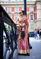 Golden Red Print Satin Organza Weaving Saree