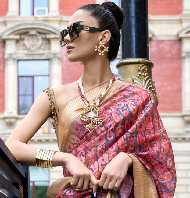 Golden Red Print Satin Organza Weaving Saree