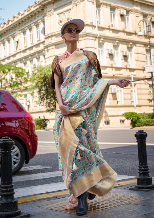 Aqua Green Print Satin Organza Weaving Saree