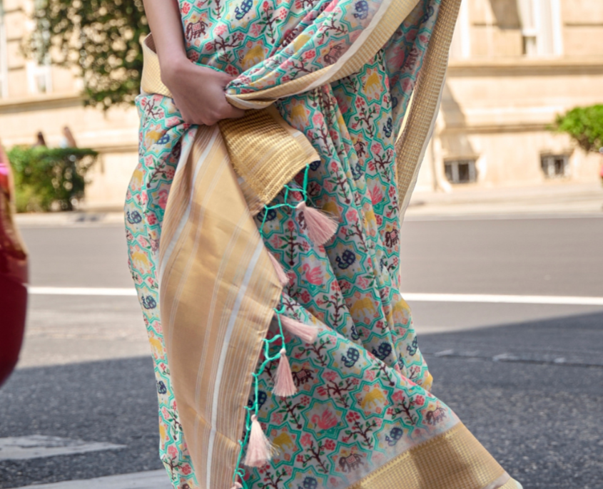 Aqua Green Print Satin Organza Weaving Saree