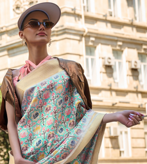 Aqua Green Print Satin Organza Weaving Saree