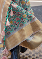 Aqua Green Print Satin Organza Weaving Saree