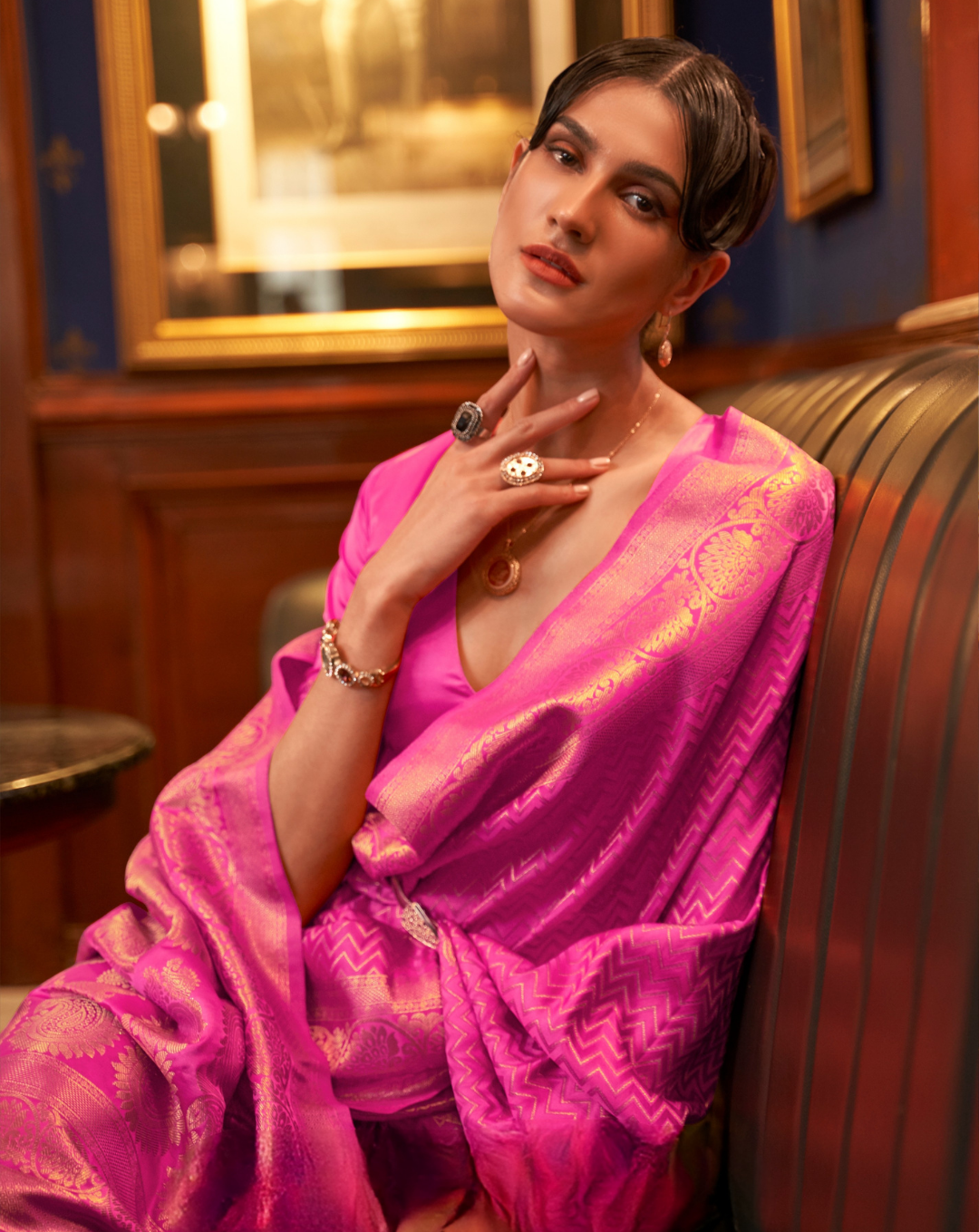 Pink Satin Silk zari weaved saree
