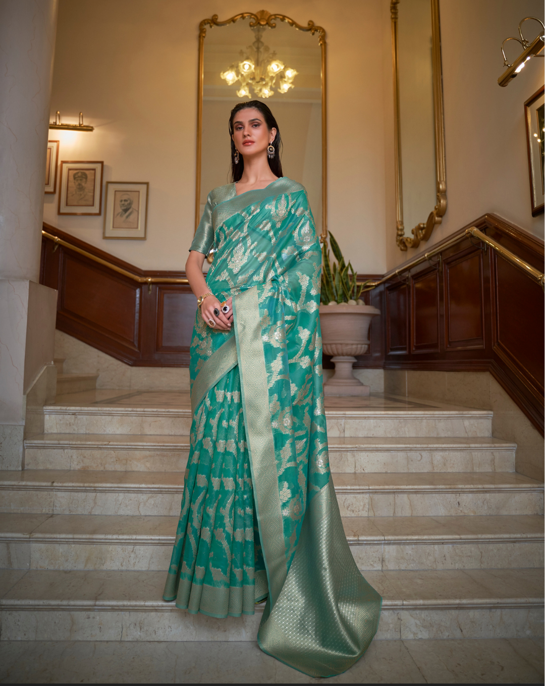 Green Two toned Organza woven Saree