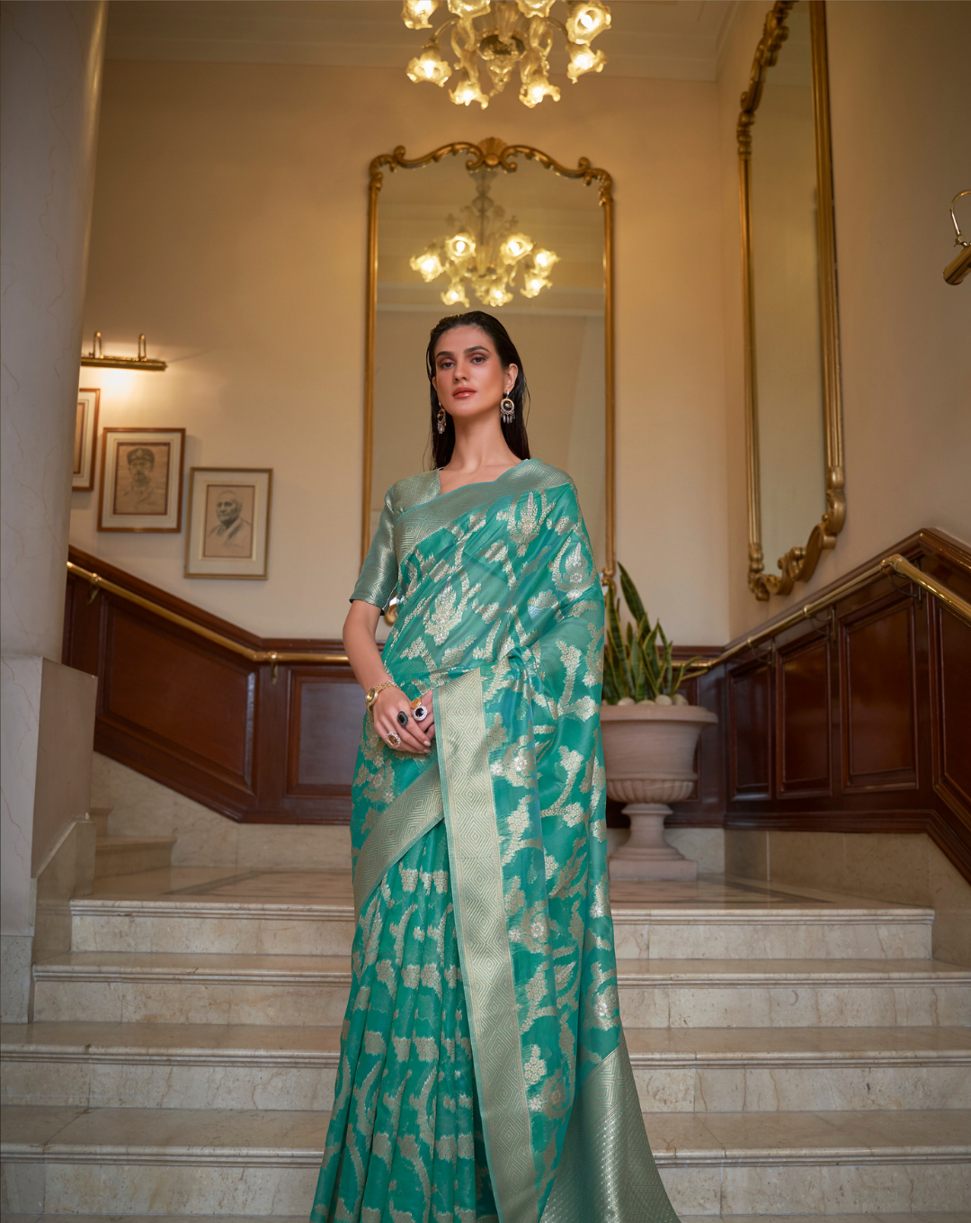 Green Two toned Organza woven Saree