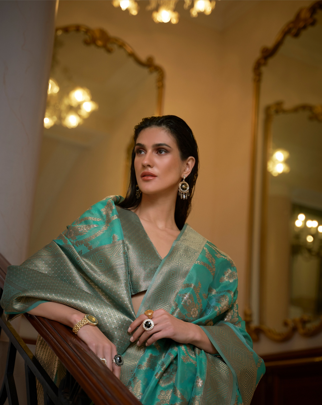 Green Two toned Organza woven Saree