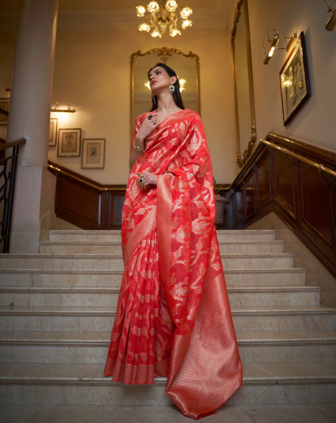 Red Two toned Organza woven Saree