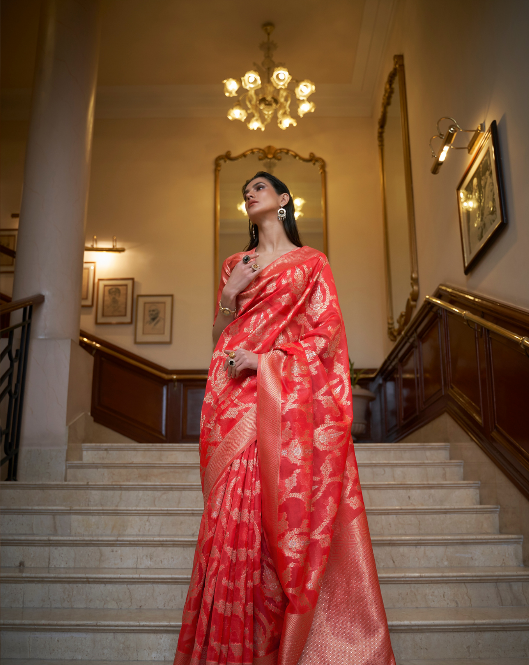 Red Two toned Organza woven Saree