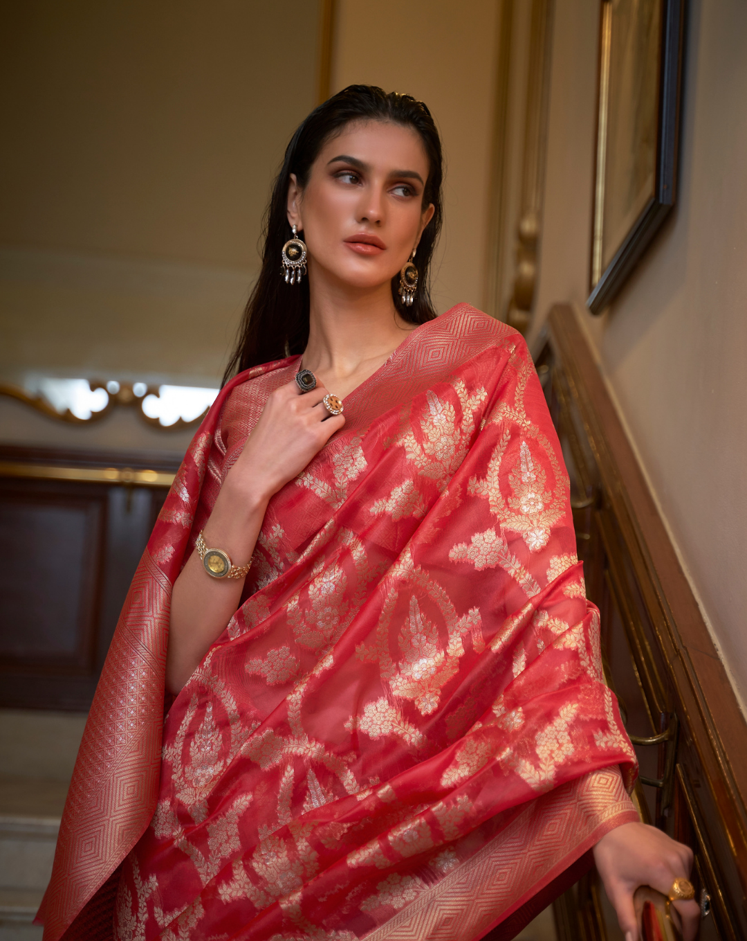 Red Two toned Organza woven Saree