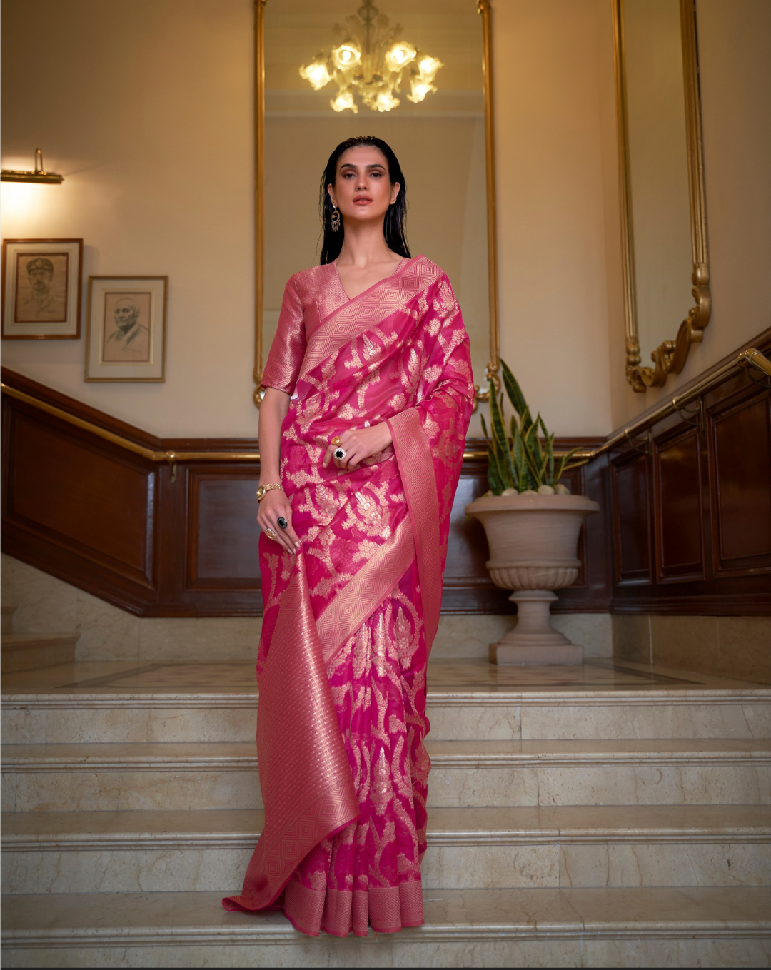 Pink Two toned Organza woven Saree
