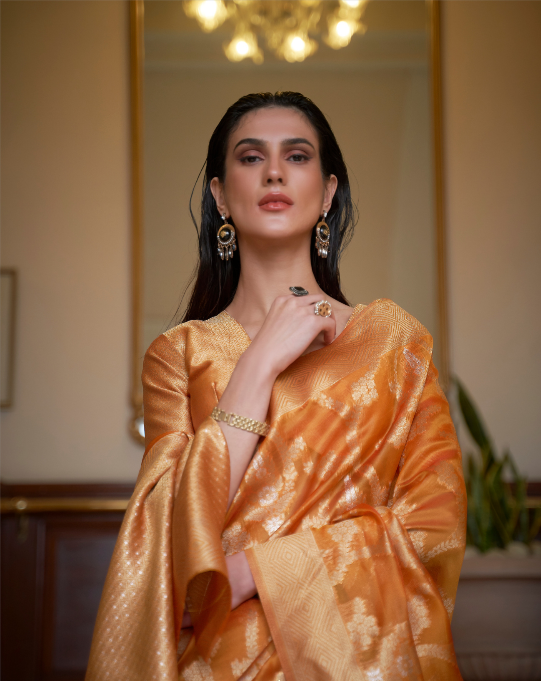 Orange Two toned Organza woven Saree