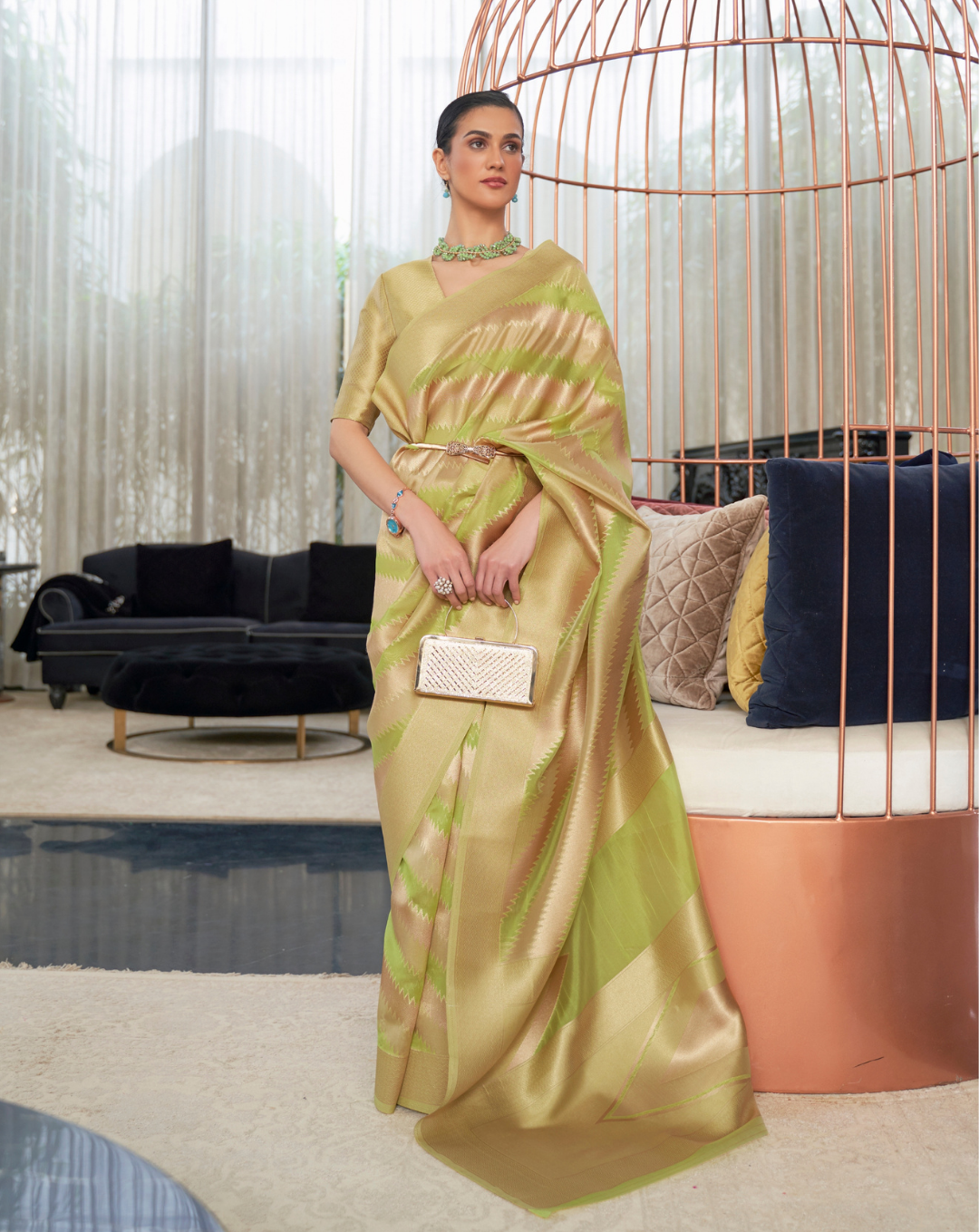 Green Lehehriya Organza woven saree