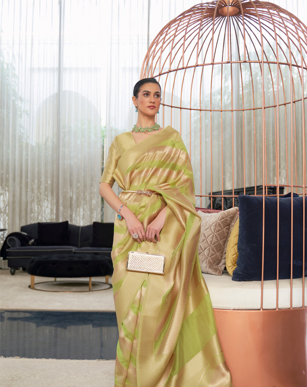 Green Lehehriya Organza woven saree