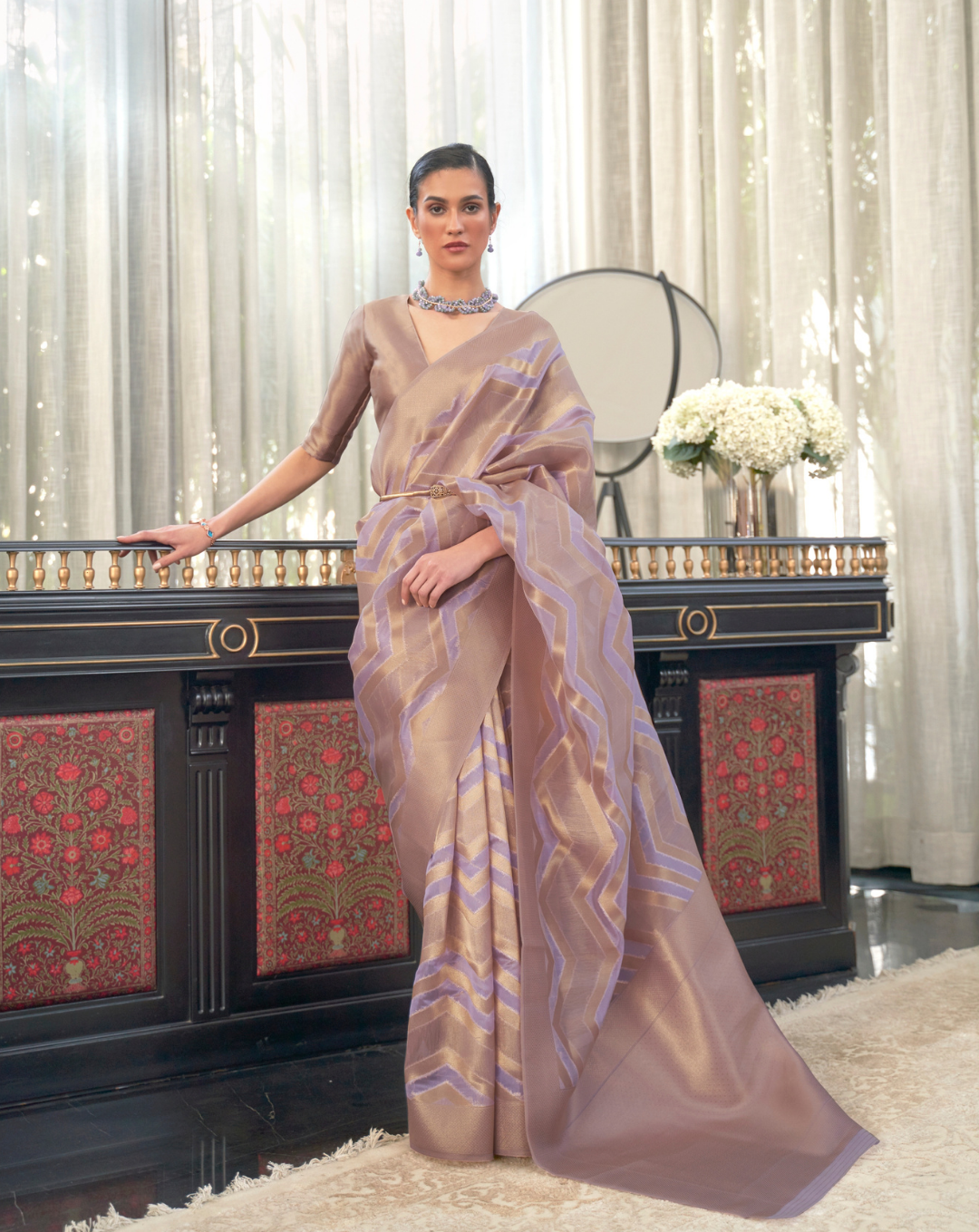 Lilac Lehehriya Organza woven saree