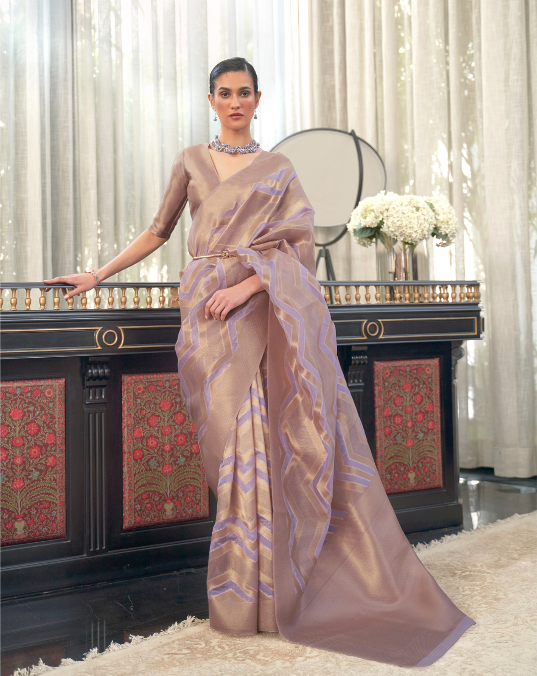 Lilac Lehehriya Organza woven saree