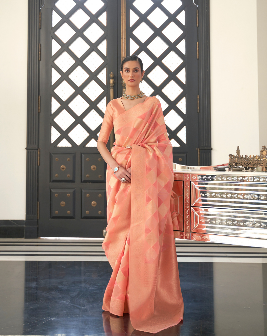 Orange Lehehriya Organza woven saree