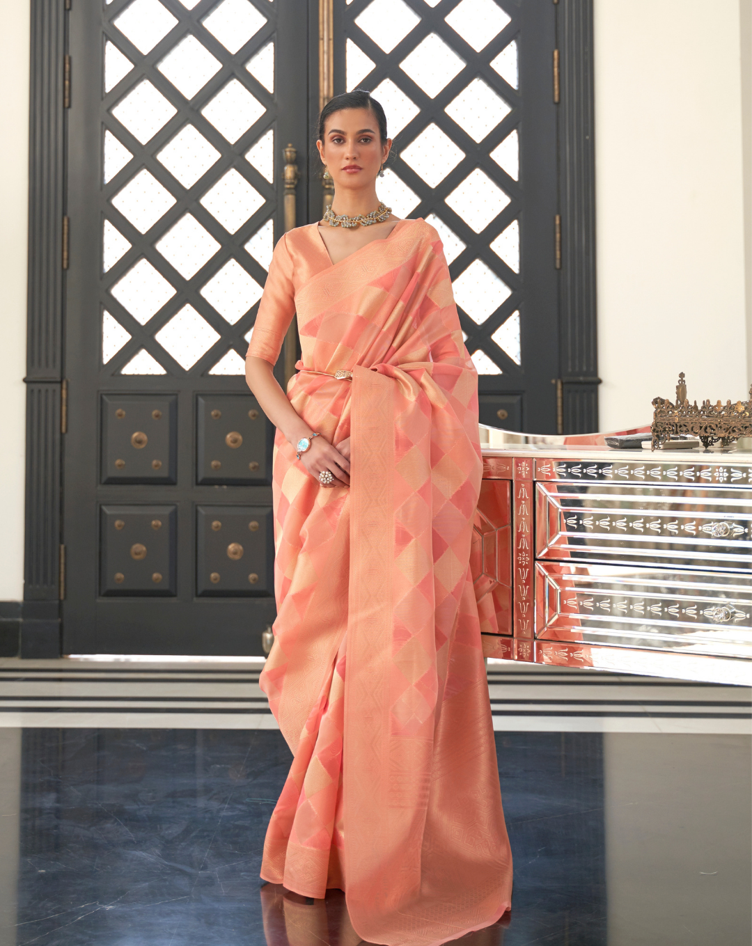 Orange Lehehriya Organza woven saree