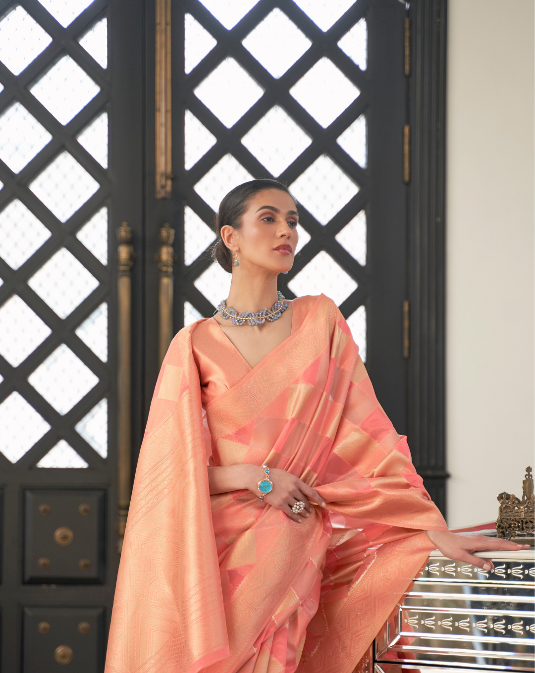 Orange Lehehriya Organza woven saree
