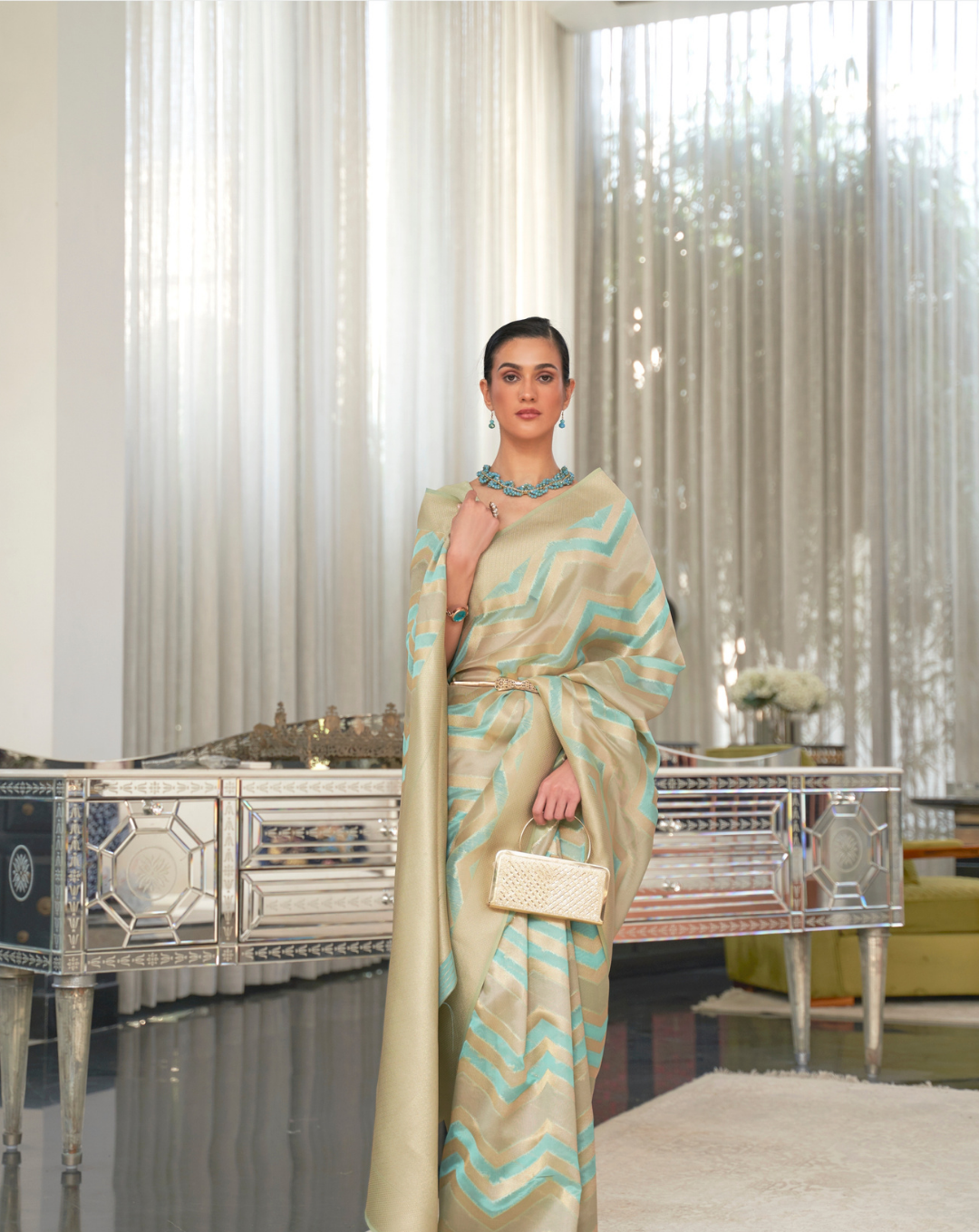 Blue Lehehriya Organza woven saree