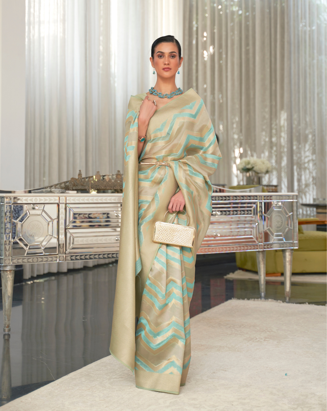 Blue Lehehriya Organza woven saree
