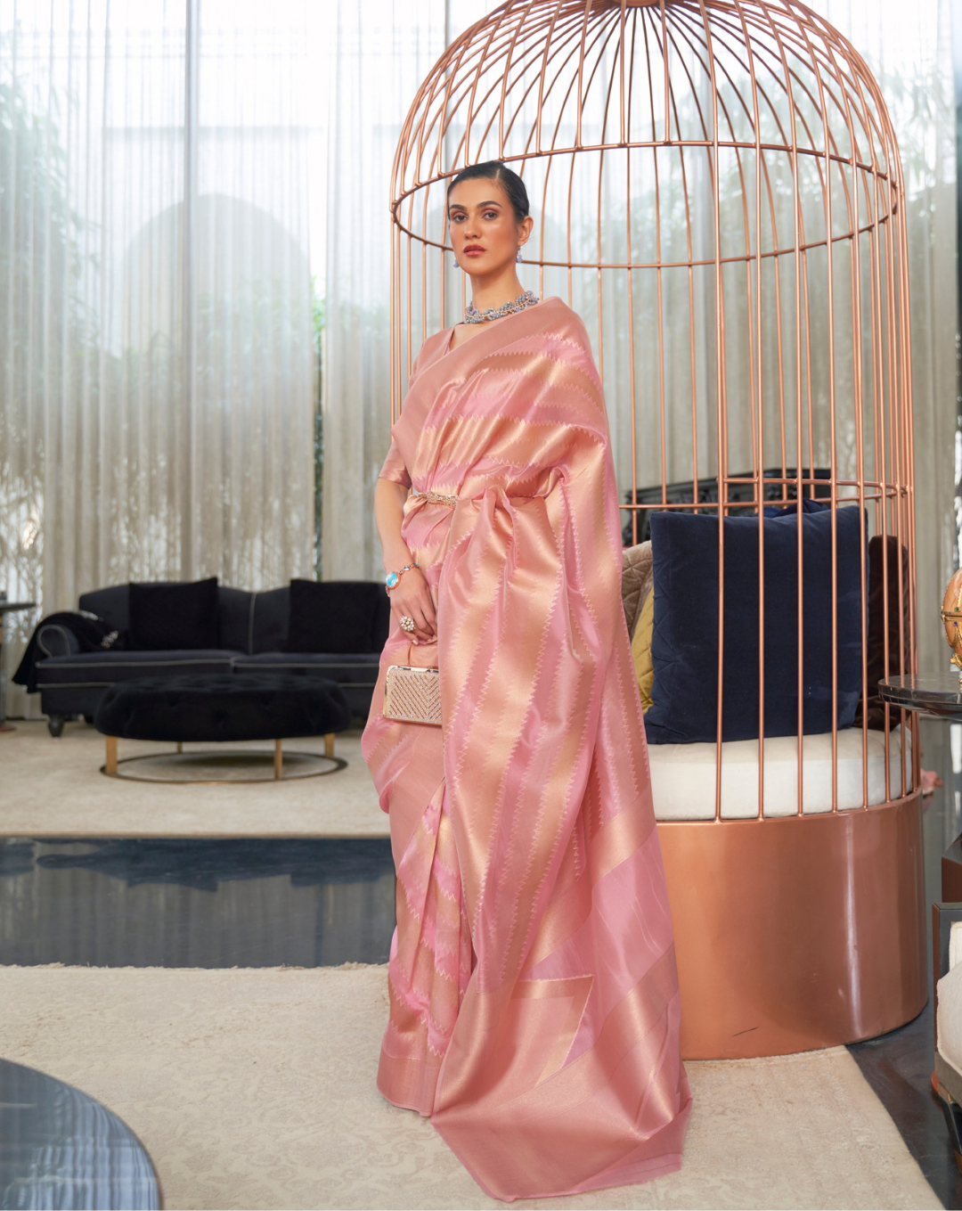 Pink Lehehriya Organza woven saree