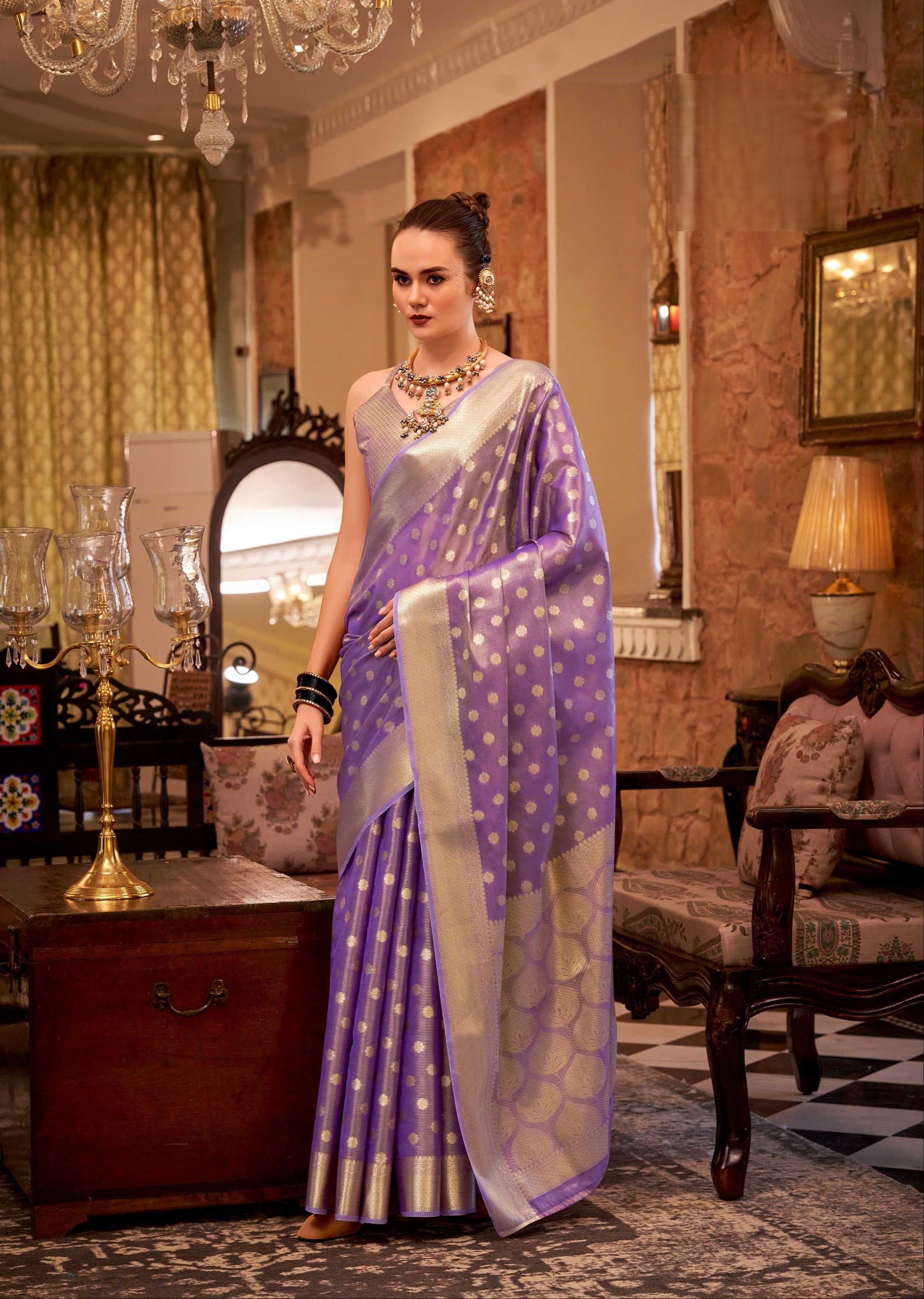Purple Tissue Silk Banarasi Saree with Floral Butti