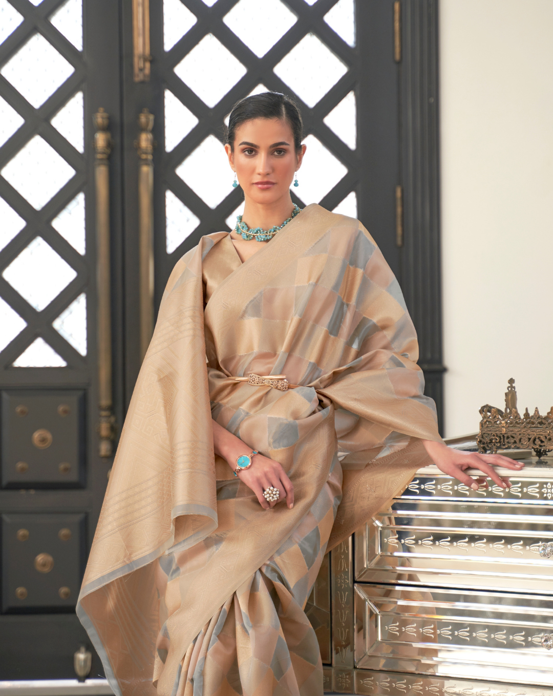 Grey Lehehriya Organza woven saree