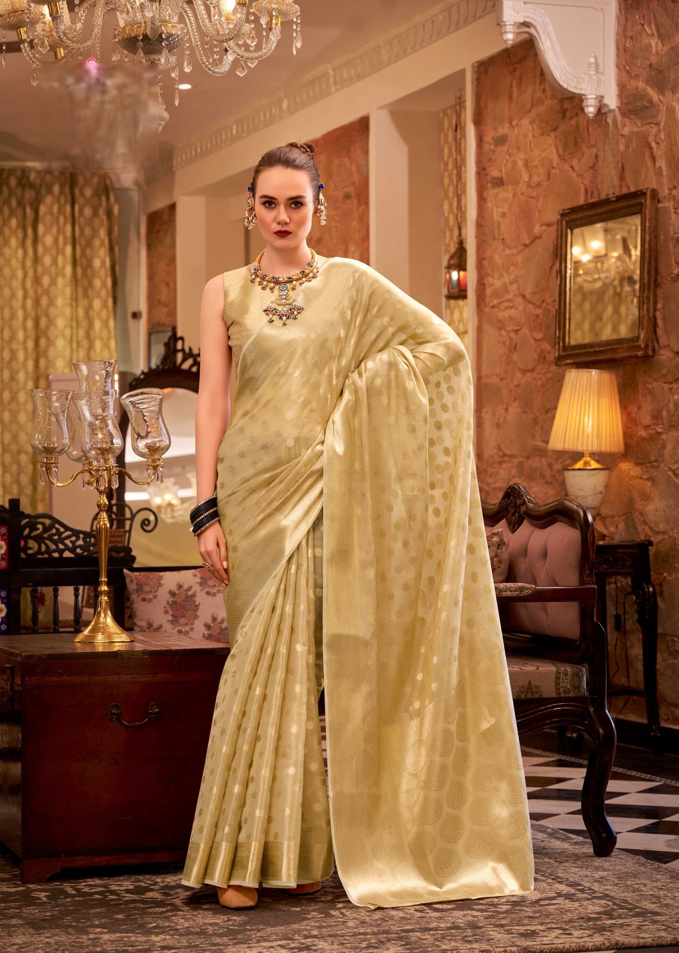 Gold Tissue Silk Banarasi Saree with Floral Butti