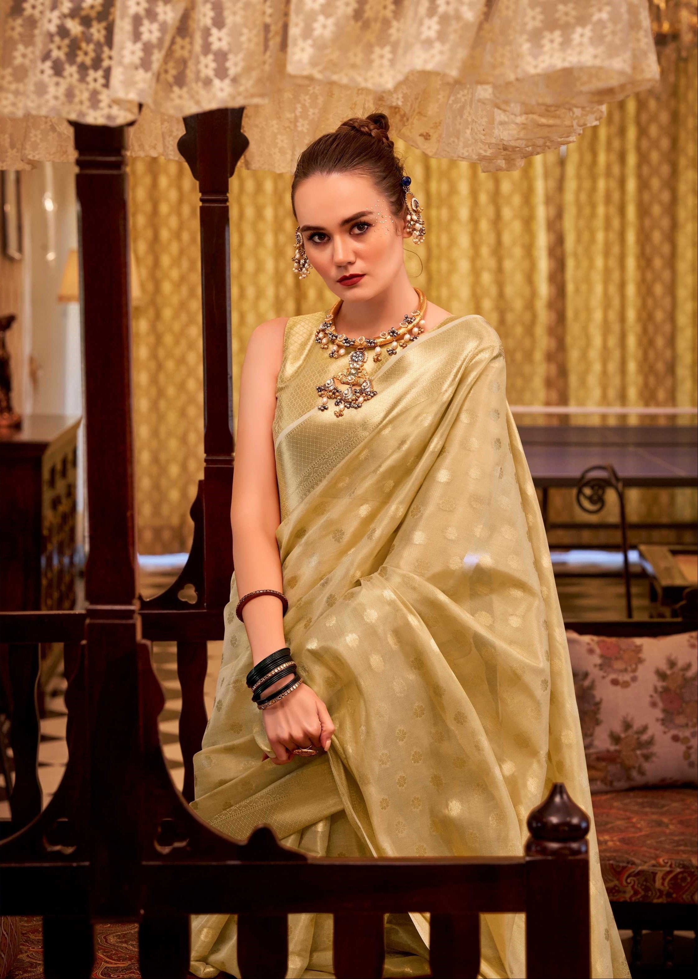 Gold Tissue Silk Banarasi Saree with Floral Butti
