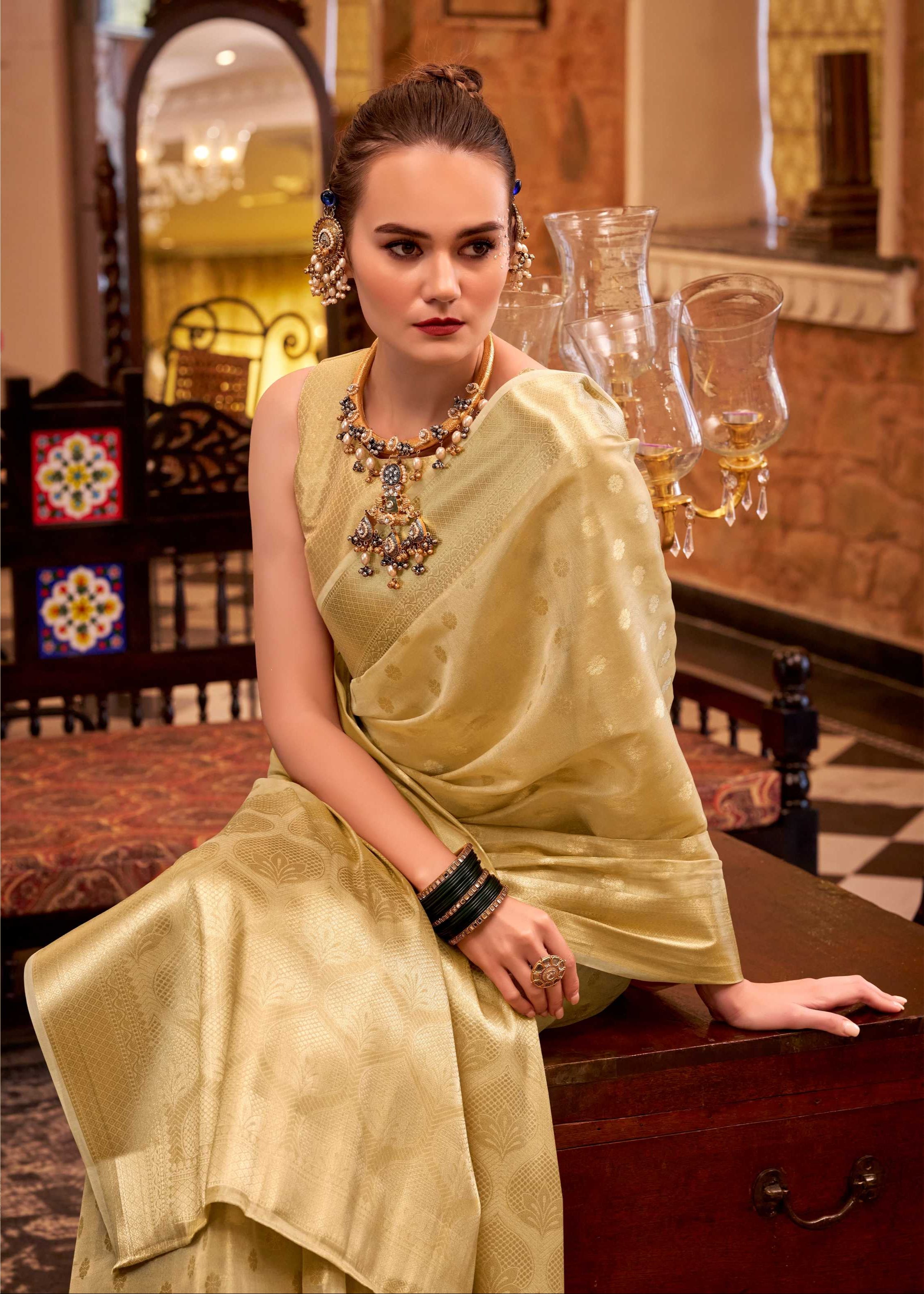 Gold Tissue Silk Banarasi Saree with Floral Butti