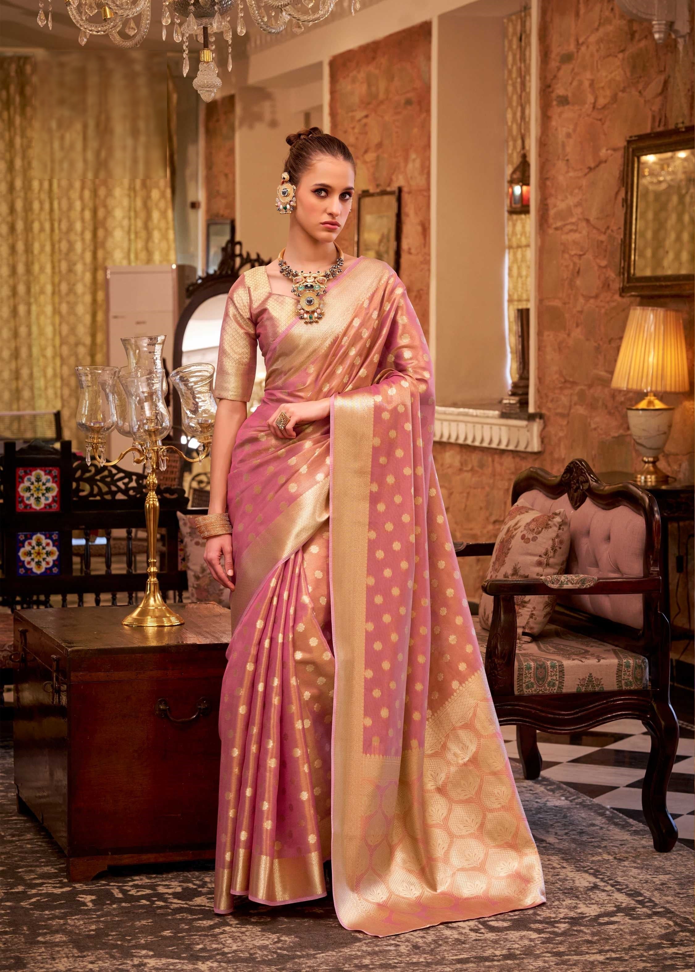 Rose Gold Tissue Silk Banarasi Saree with Floral Butti