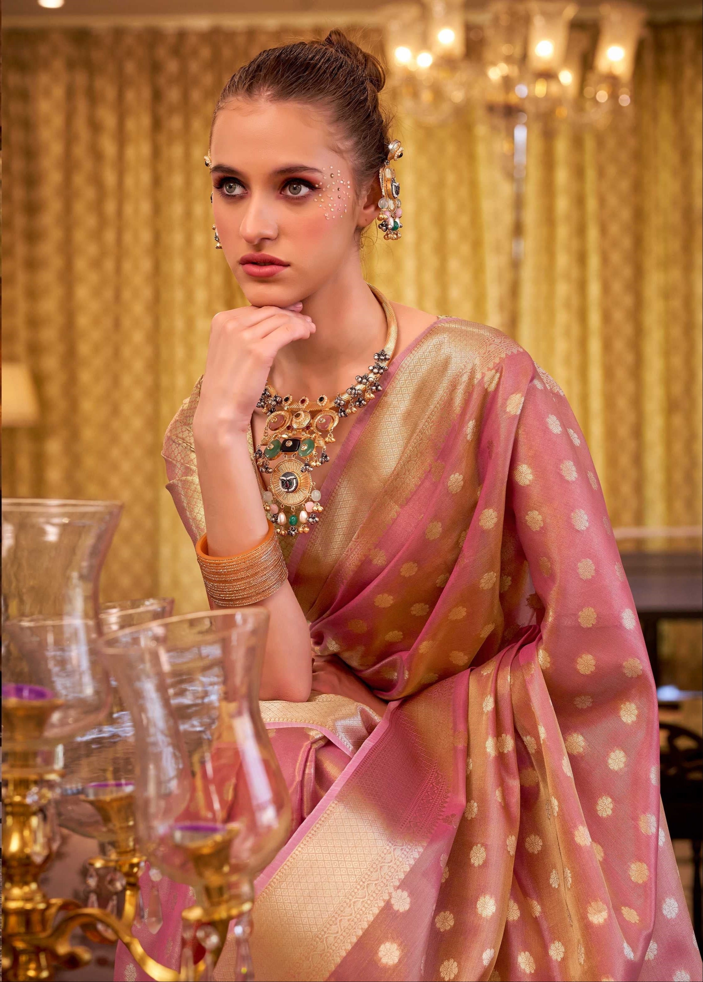 Rose Gold Tissue Silk Banarasi Saree with Floral Butti