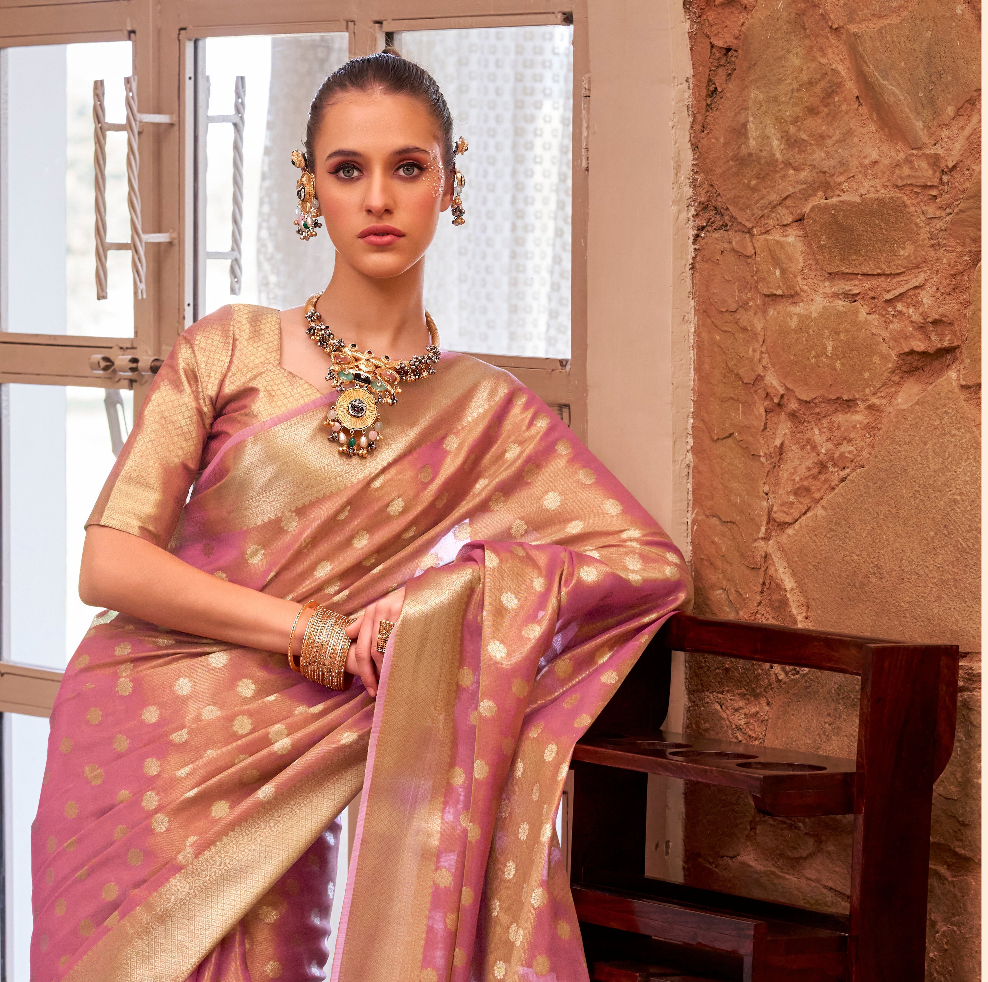 Rose Gold Tissue Silk Banarasi Saree with Floral Butti