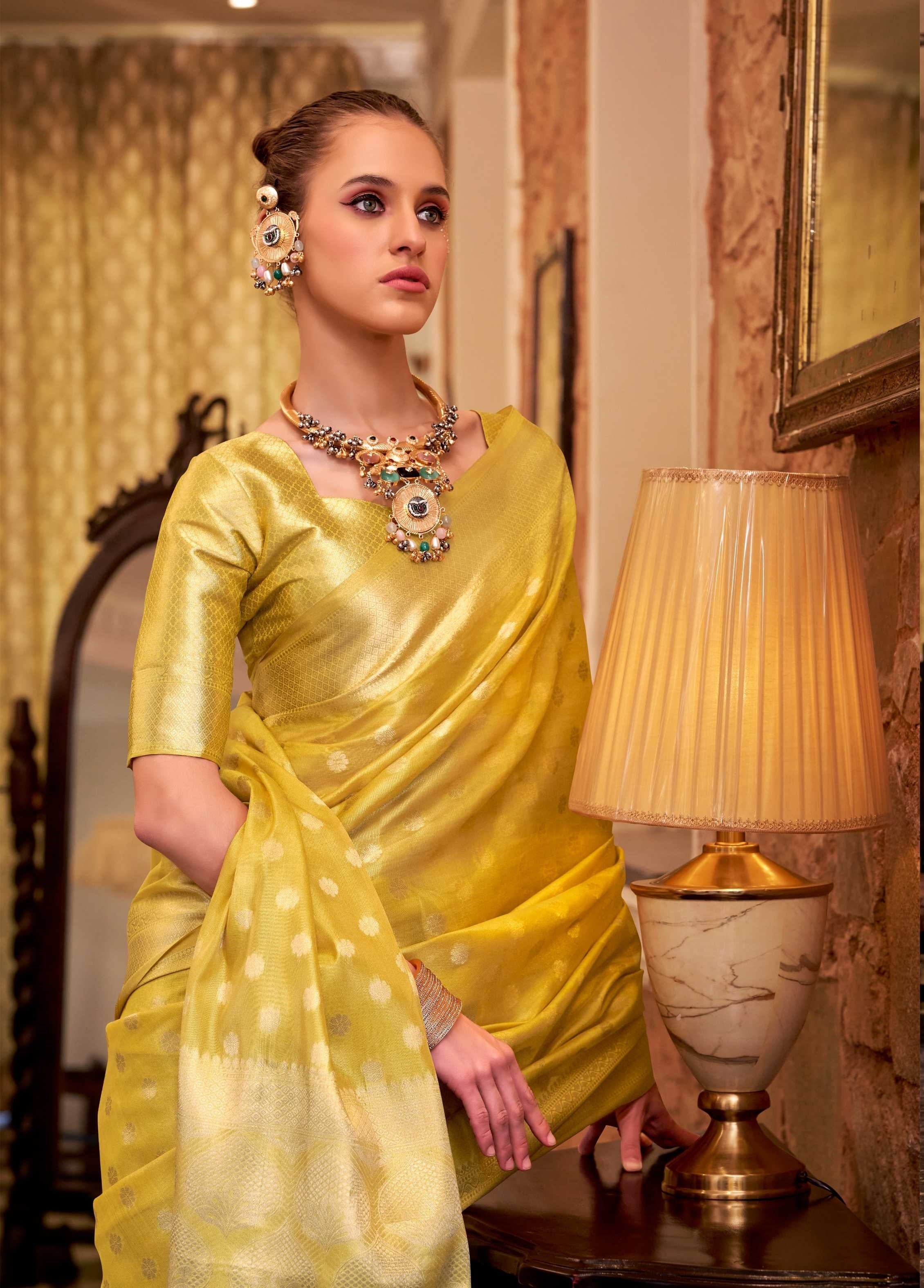 Yellow Tissue Silk Banarasi Saree with Floral Butti