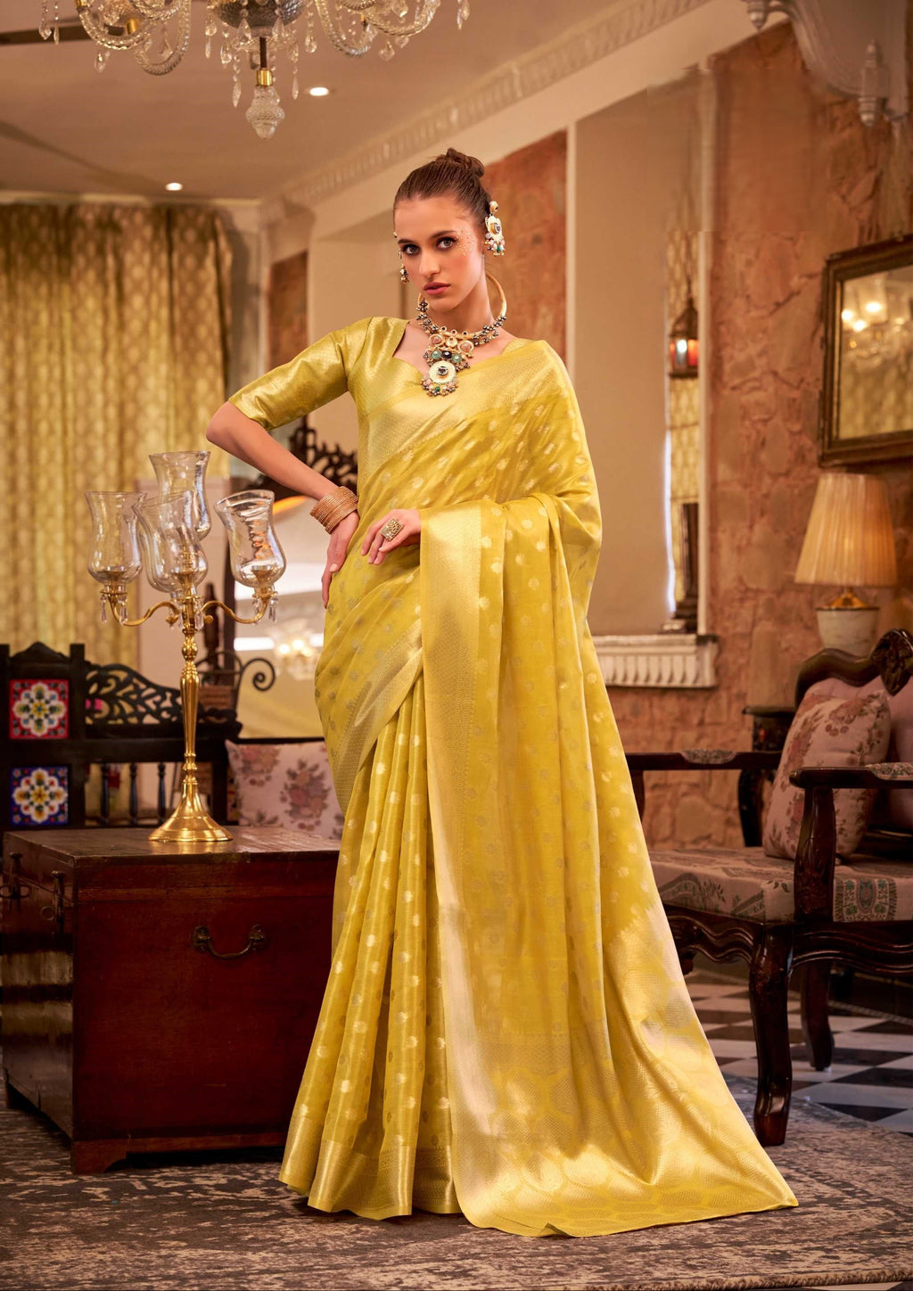 Yellow Tissue Silk Banarasi Saree with Floral Butti