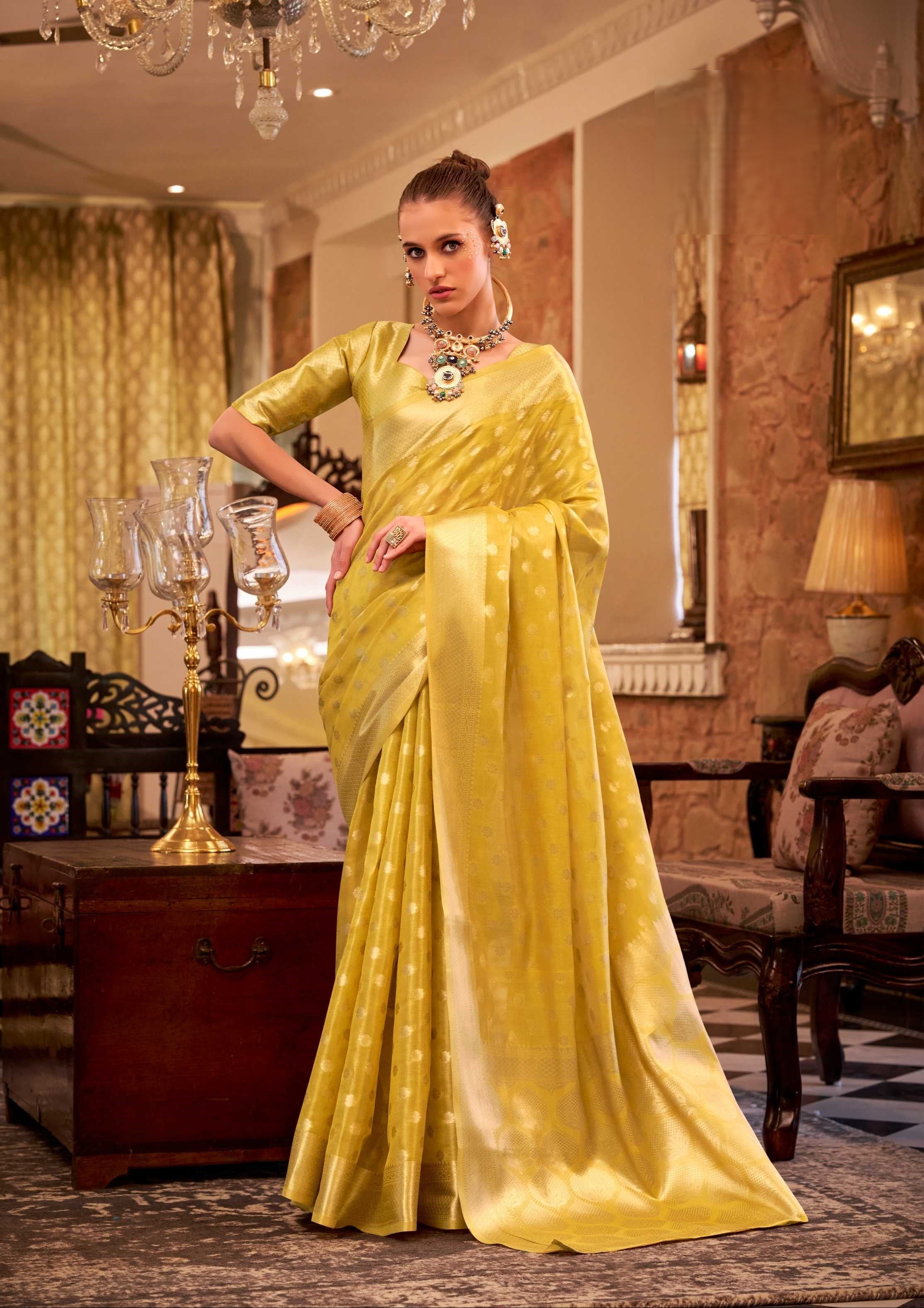 Yellow Tissue Silk Banarasi Saree with Floral Butti