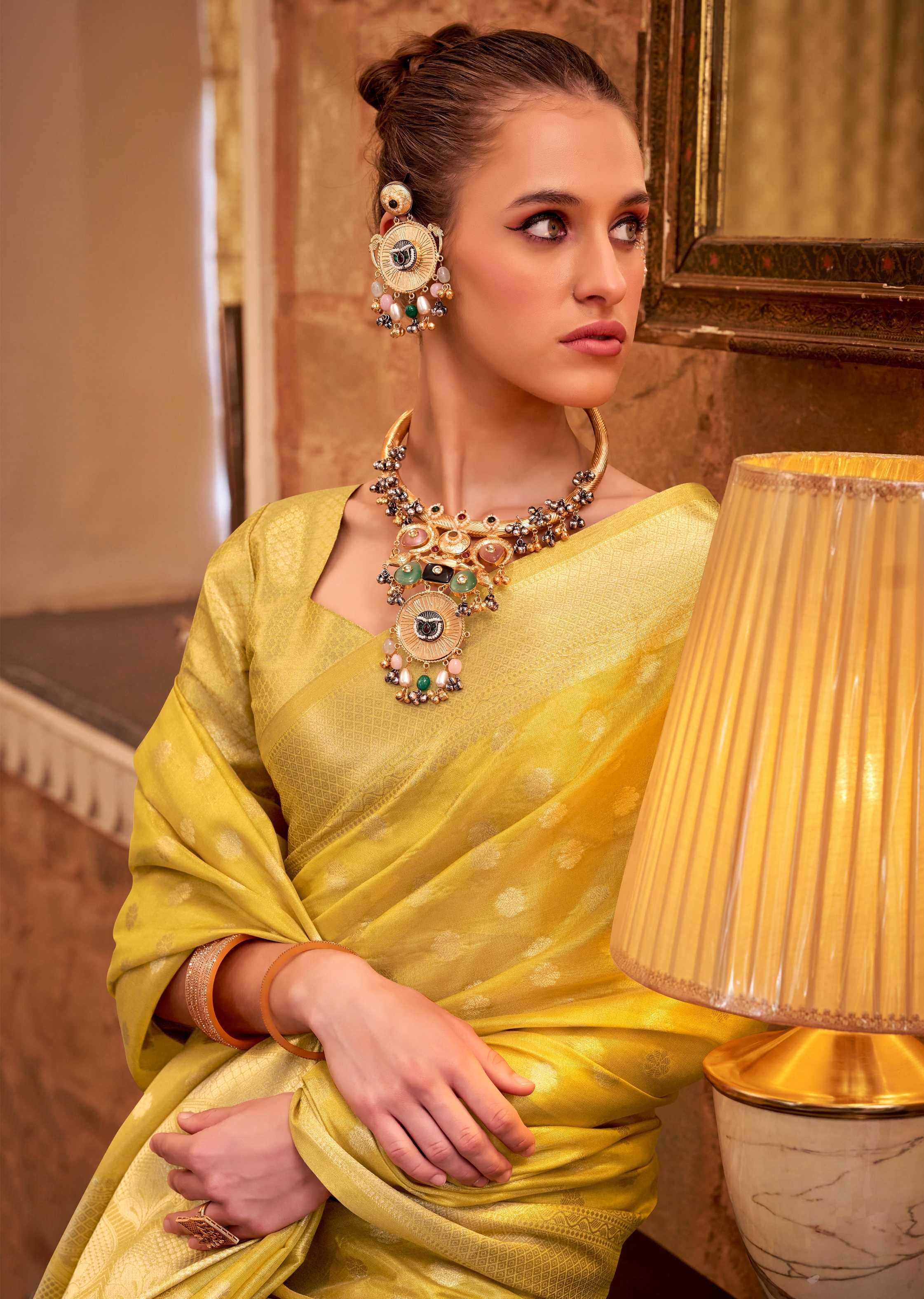 Yellow Tissue Silk Banarasi Saree with Floral Butti