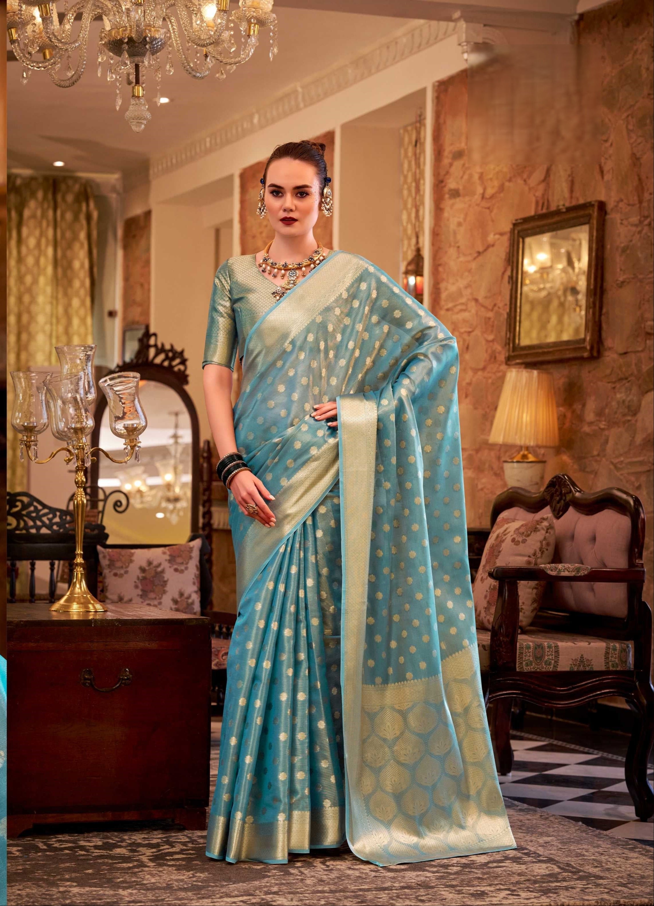 Blue Tissue Silk Banarasi Saree with Floral Butti