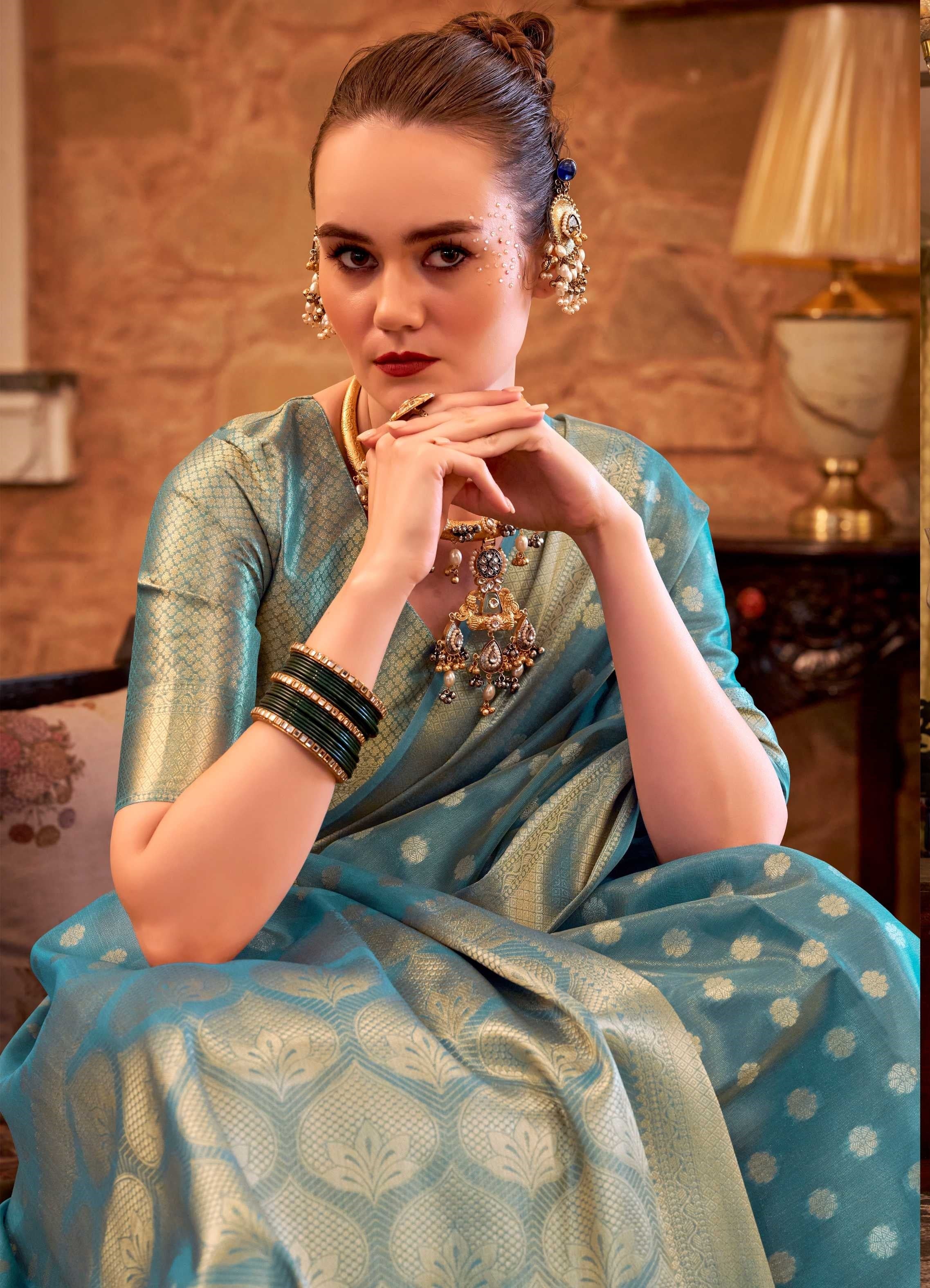 Blue Tissue Silk Banarasi Saree with Floral Butti