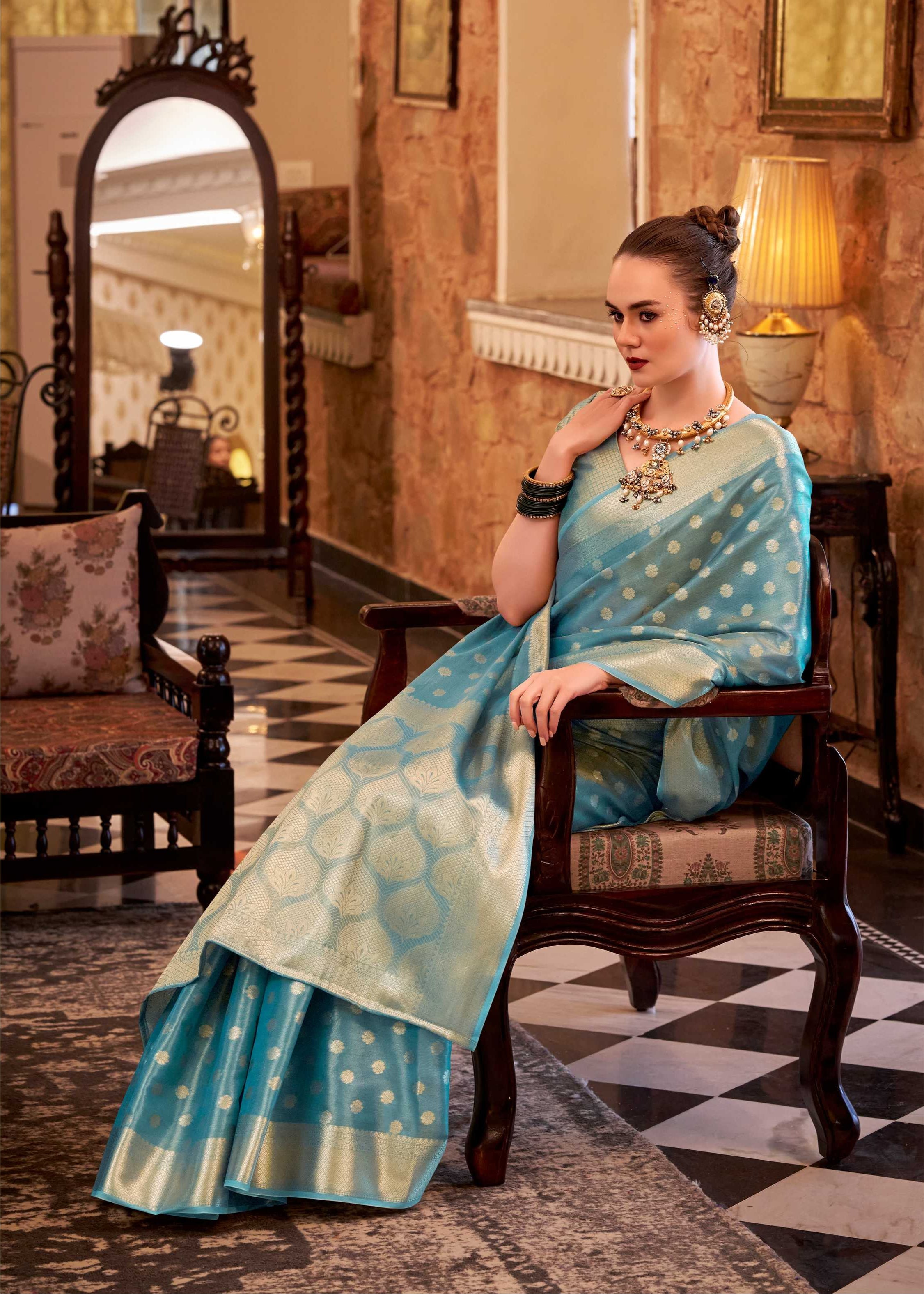 Blue Tissue Silk Banarasi Saree with Floral Butti