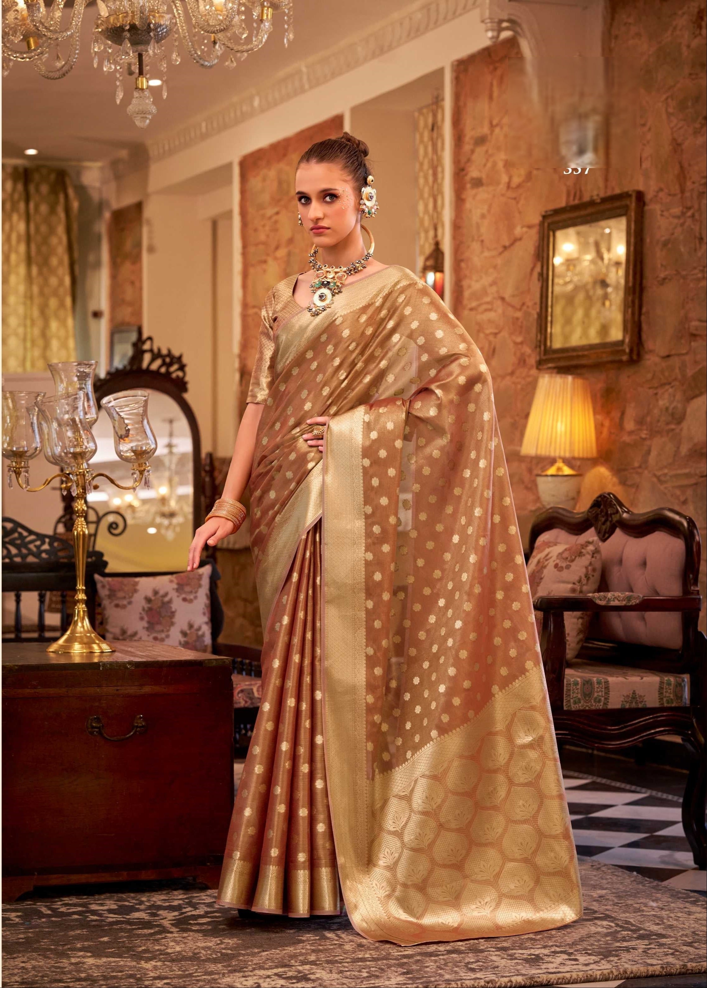 Copper Tissue Silk Banarasi Saree with Floral Butti