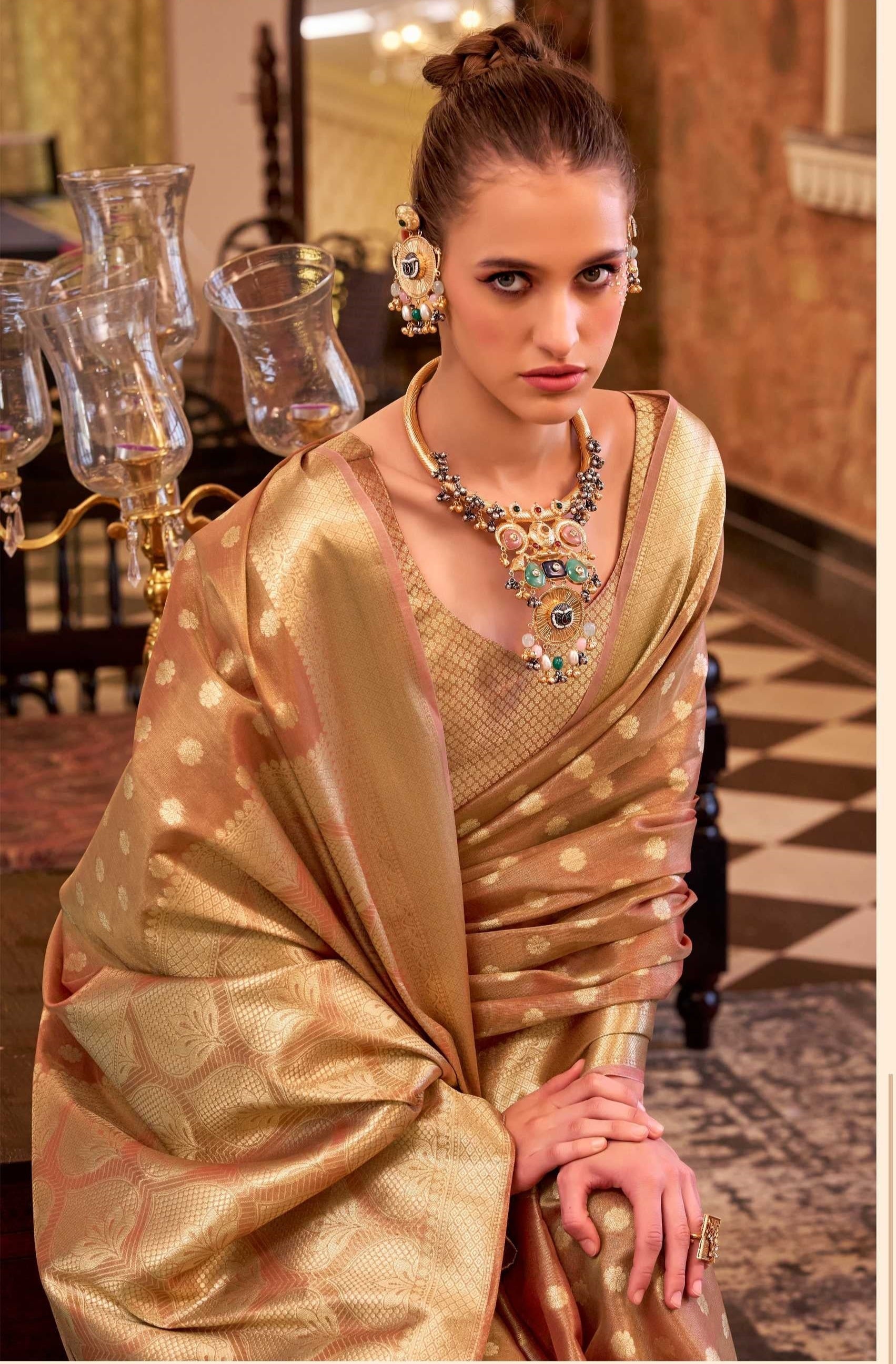 Copper Tissue Silk Banarasi Saree with Floral Butti