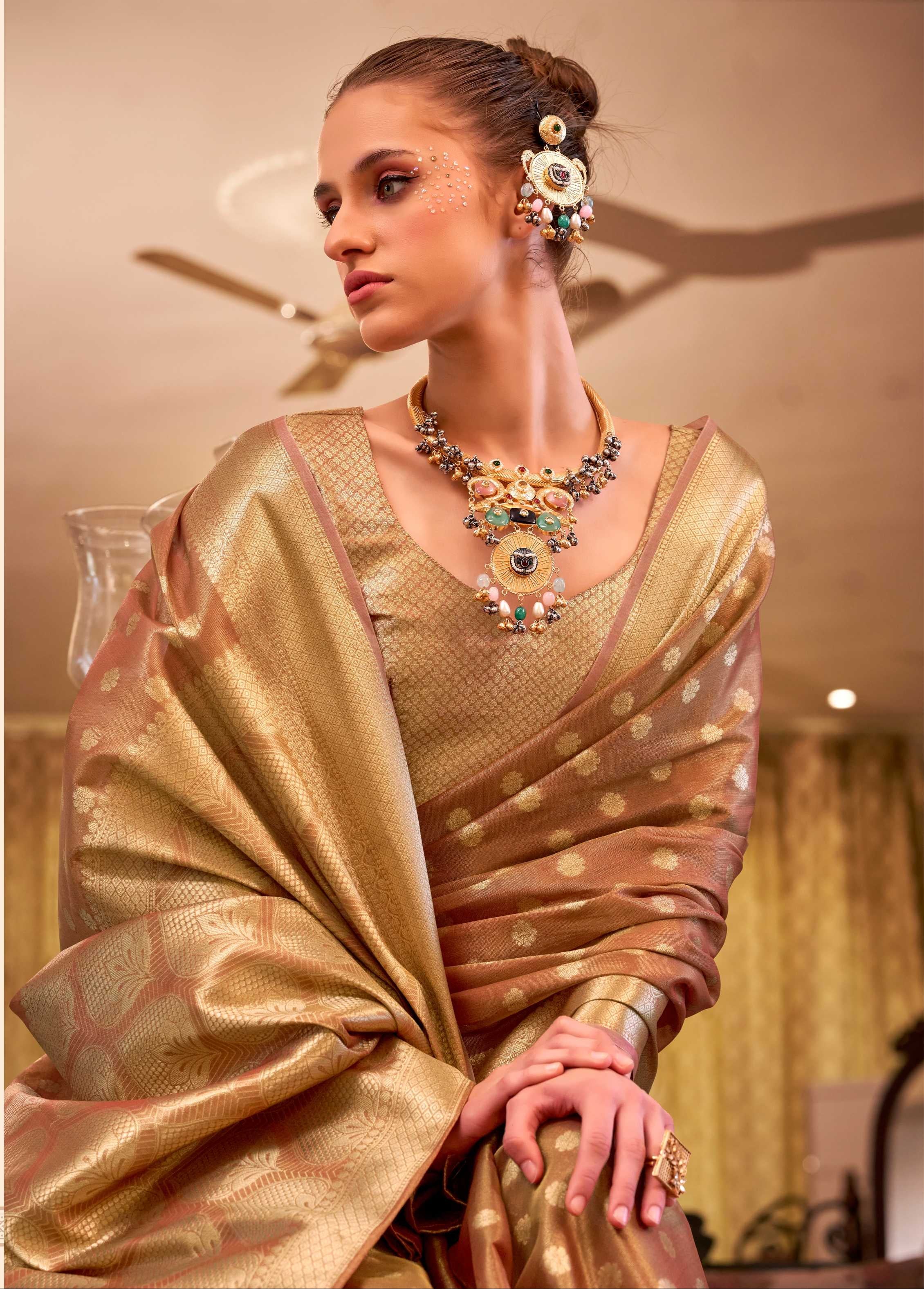 Copper Tissue Silk Banarasi Saree with Floral Butti
