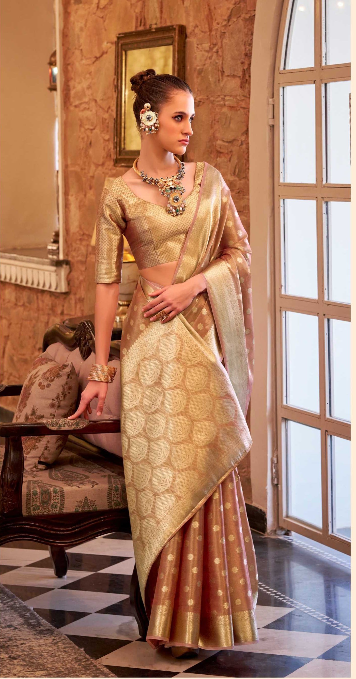 Copper Tissue Silk Banarasi Saree with Floral Butti