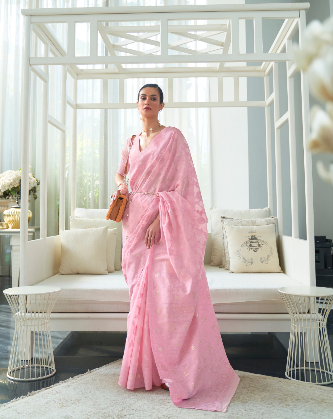 Pink Lucknavi Woven Saree