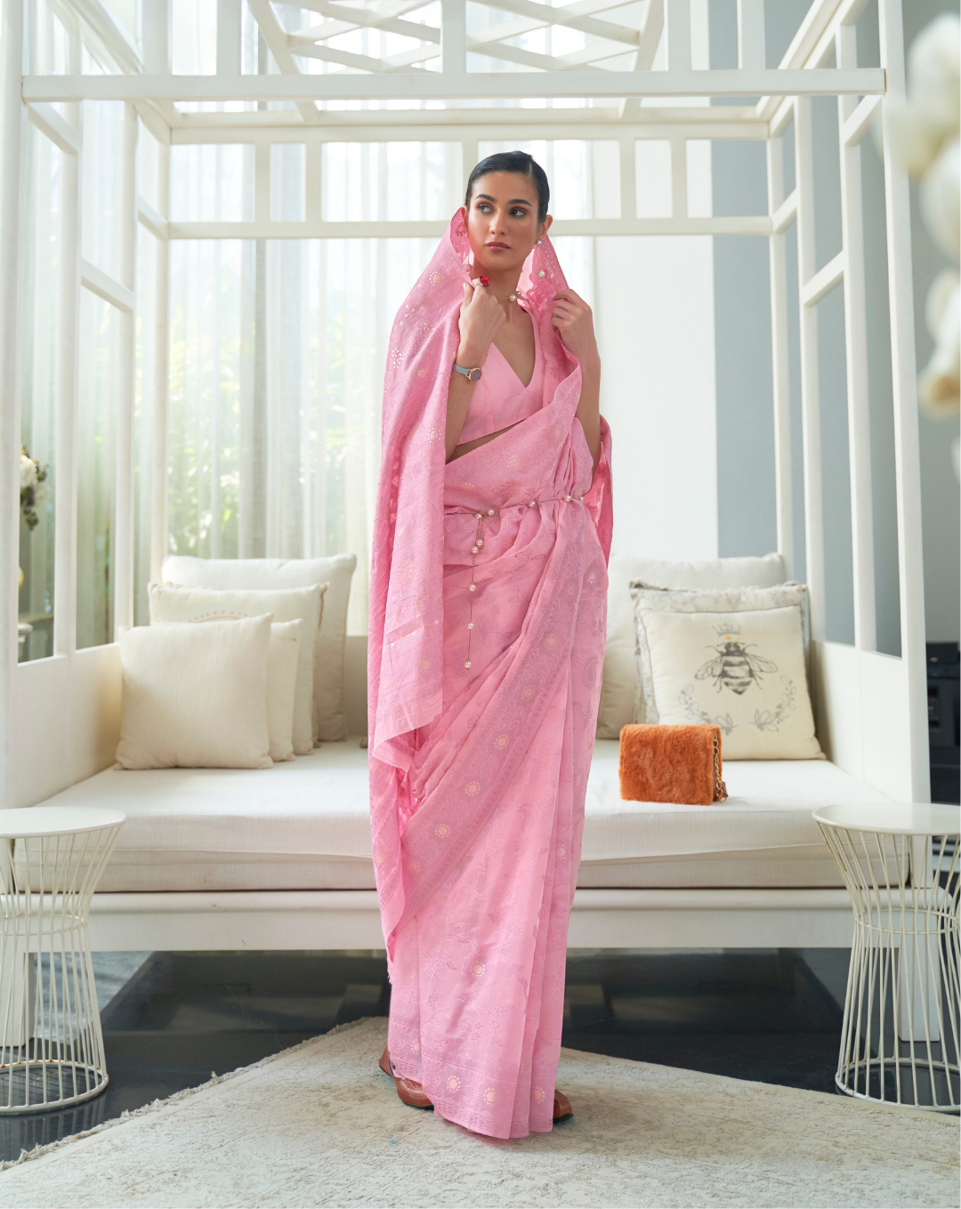 Pink Lucknavi Woven Saree