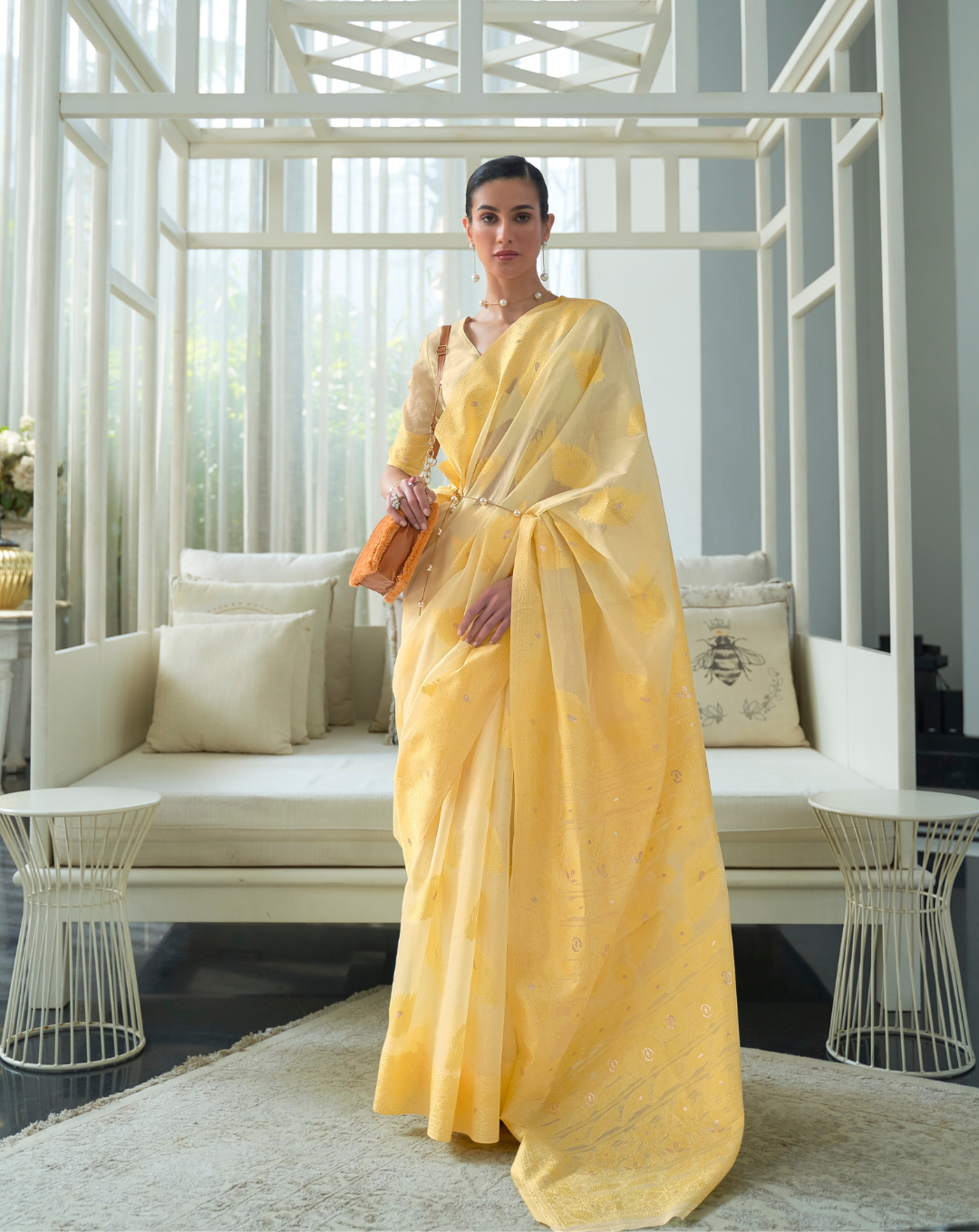 Yellow  Lucknavi Woven Saree