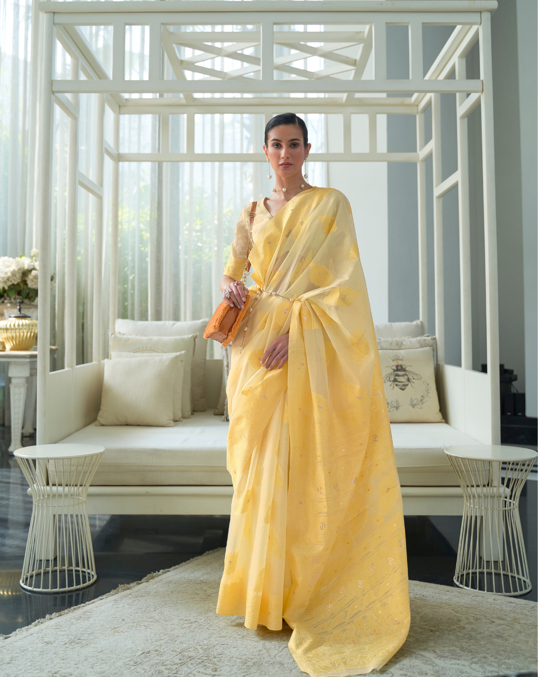 Yellow  Lucknavi Woven Saree