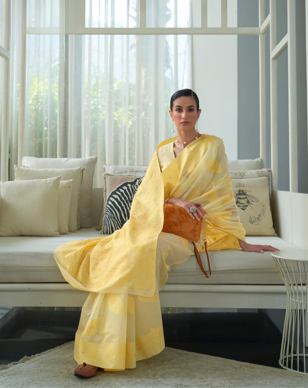 Yellow  Lucknavi Woven Saree