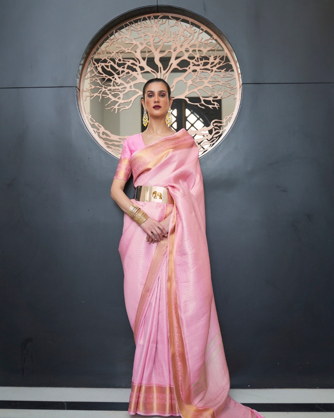 Pink Self Woven Silk Saree
